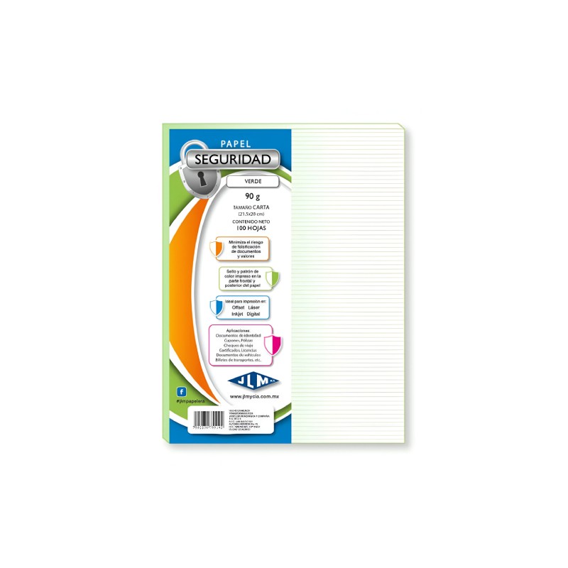 Papel Seguridad Tamaño Carta 90 gramos color verde JLM
